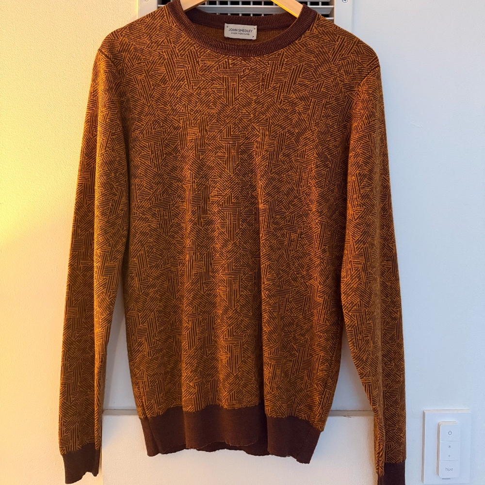 John Smedley Men's Crewneck Sweater in Mustard and Brown